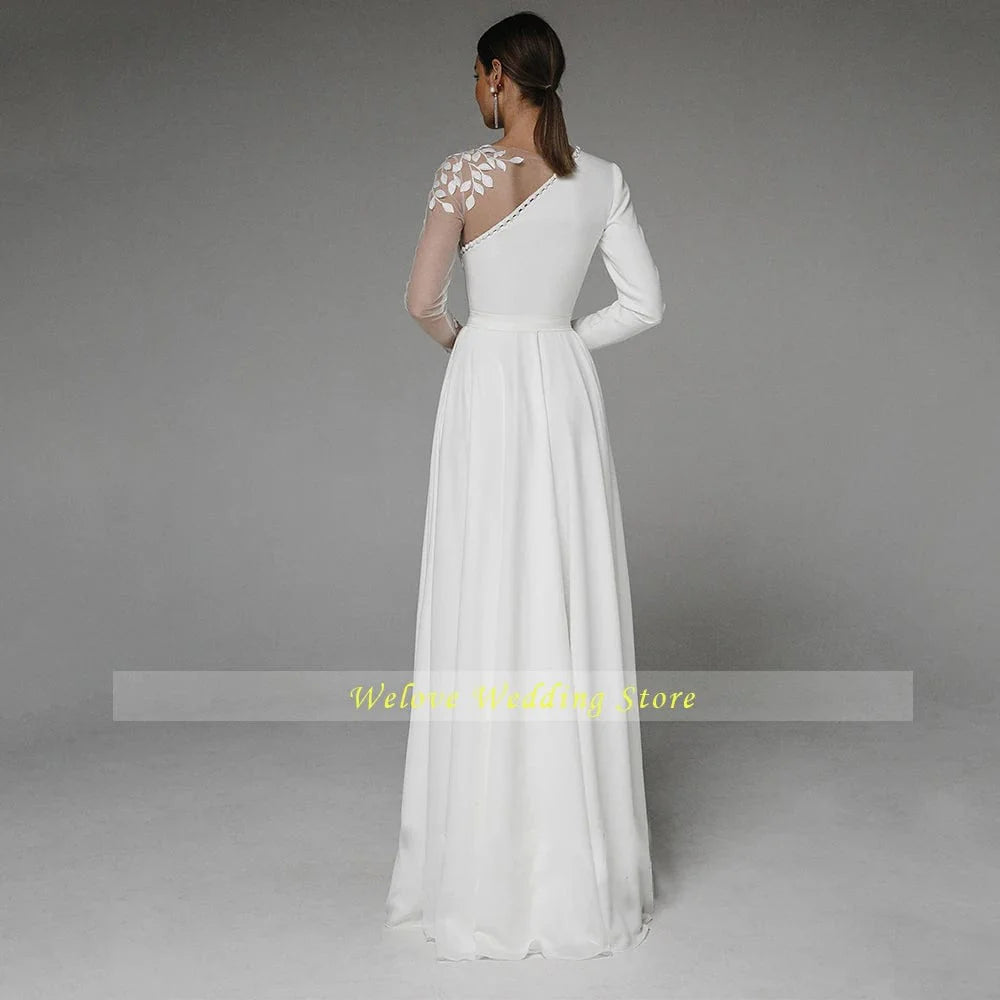 SHOWLU FASHION STORE long sleeve wedding dress with asymmetrical side slit, A-line silhouette, button details, and floor-length design.
