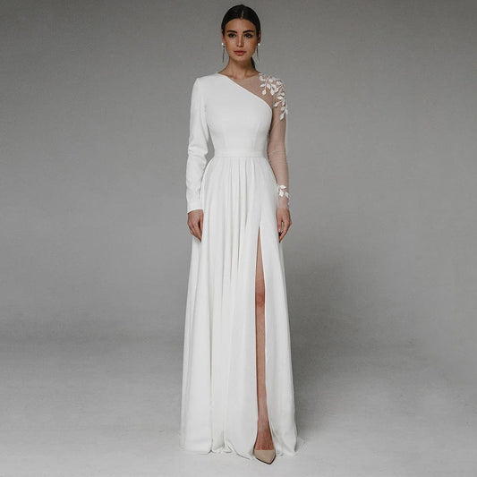 Asymmetrical Side Slit Wedding Dress Long Sleeve Civil Bridal Gown Party For Bride Button Applique Floor Length Свадебное платье - SHOWLU FASHION STORE