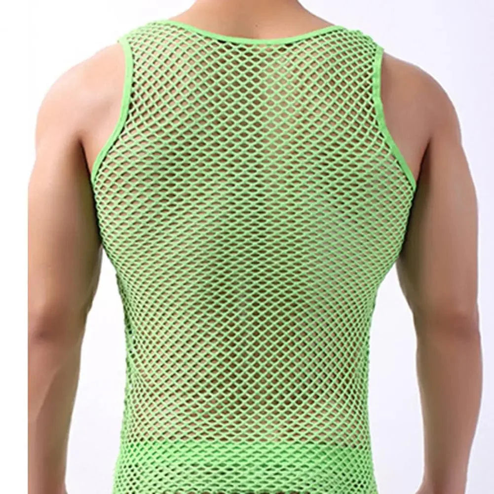 SANWOOD men's hollow out sleeveless vest, breathable summer nightwear in a solid color, lightweight and comfortable for warm nights.