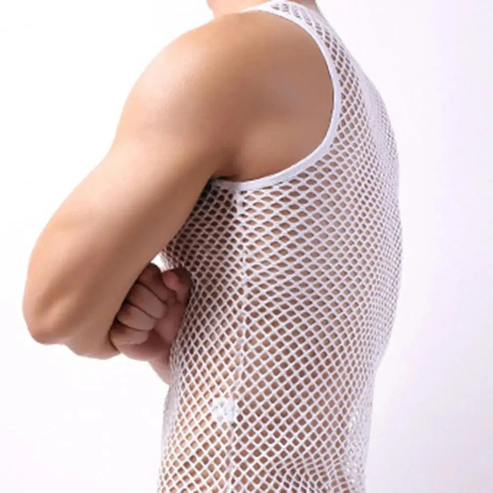 SANWOOD men's sleeveless vest, breathable hollow-out summer nightwear, plain color, lightweight and comfortable for warm nights.
