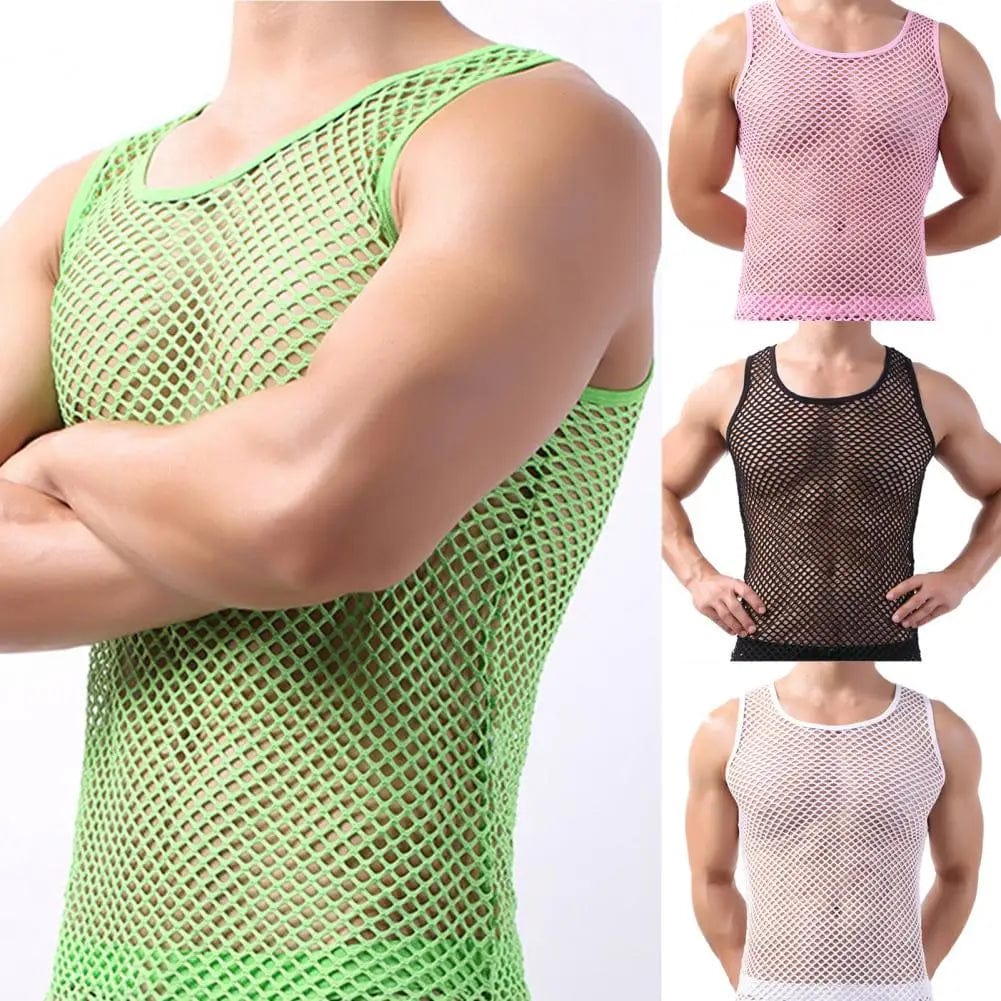 SANWOOD men's sleeveless hollow-out vest, breathable summer nightwear, pure color, lightweight and comfortable for warm nights.