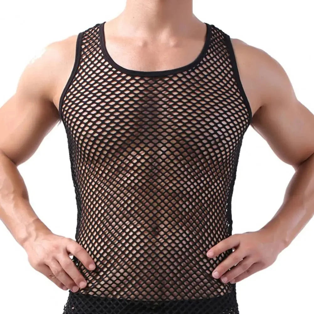 Sanwood men's hollow out sleeveless vest, breathable summer nightwear with a pure color design, ideal for comfortable sleep.