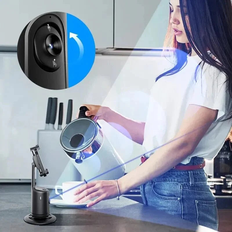 VIKEFON auto face tracking phone holder tripod stand with 360-degree rotation and AI object tracking for secure smartphone mounting.
