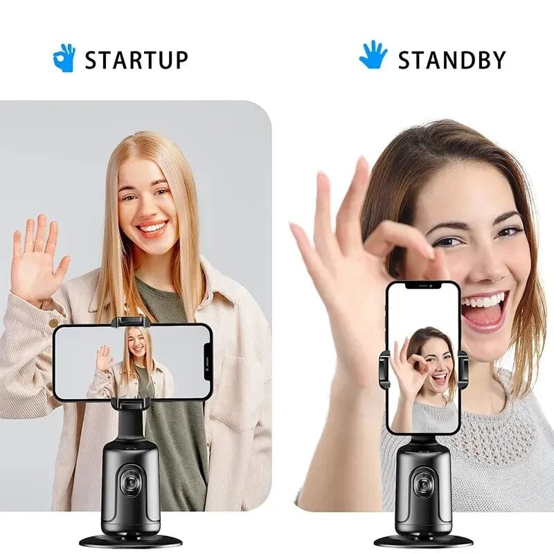 VIKEFON auto face tracking phone holder on a 360-degree rotation tripod stand, with AI smart selfie stick and object tracking features.