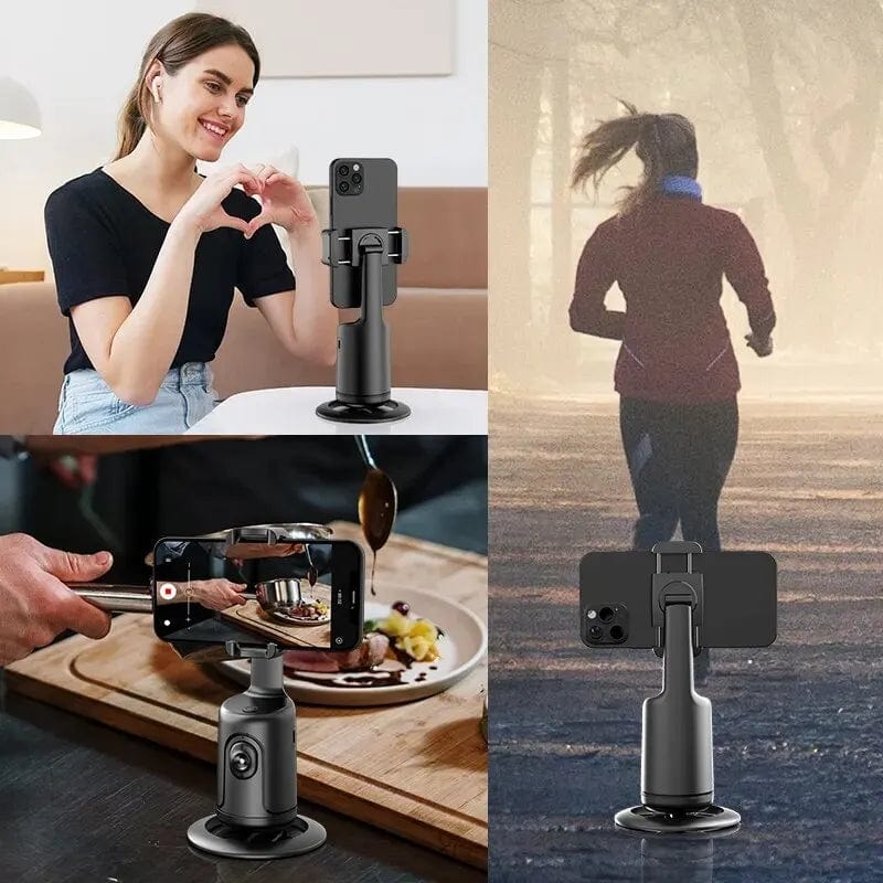 VIKEFON auto face-tracking phone holder on a tripod stand with 360° rotation and AI object tracking for hands-free selfies and videos.