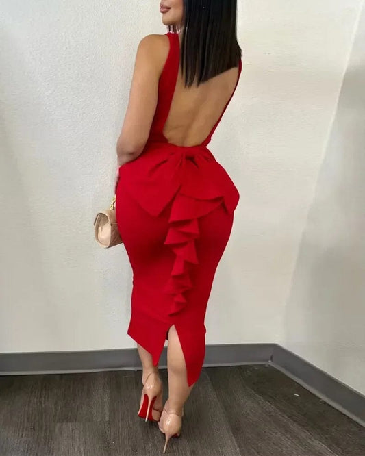 Autumn 2023 Vestidos Sexy Party Dresses Women Plunging V - neck Sleeveless Backless Bowknot Ruffles Back Bodycon Midi Dress - SHOWLU FASHION STORE