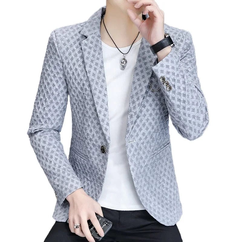 Men's slim-fit blazer by Showlu Fashion, stylish smart casual polyester suit with a modern cut for business or casual wear.
