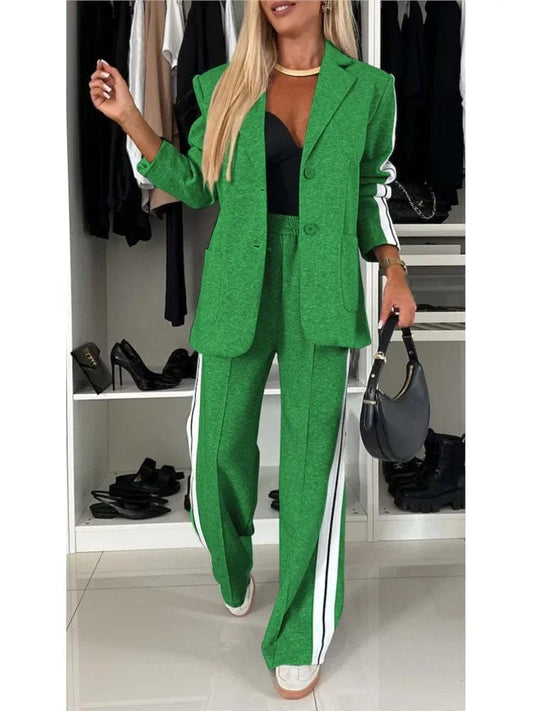 Autumn And Winter New Long Sleeves Suit Women's Suit Fashion Pimp Stitching Pants Pocket Female Office Blazer 2 Piece Set 2024 - SHOWLU FASHION STORE