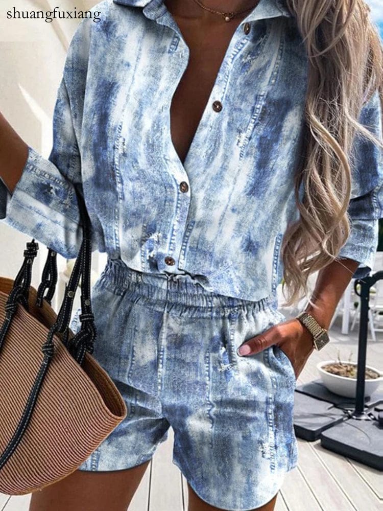 Autumn Casual Beach Outfits For Women 2024 Spring Half Sleeve Shirts Tops And Shorts 2 Piece Set Leopard Print Two Piece Sets - SHOWLU FASHION STORE