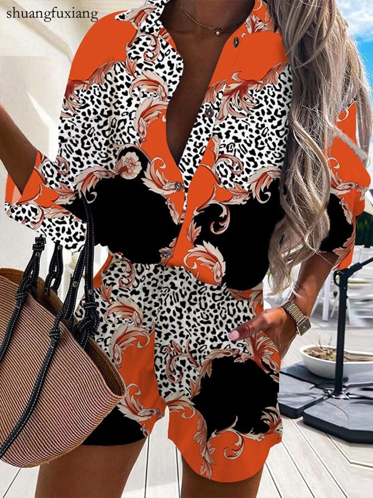 Autumn Casual Beach Outfits For Women 2024 Spring Half Sleeve Shirts Tops And Shorts 2 Piece Set Leopard Print Two Piece Sets - SHOWLU FASHION STORE