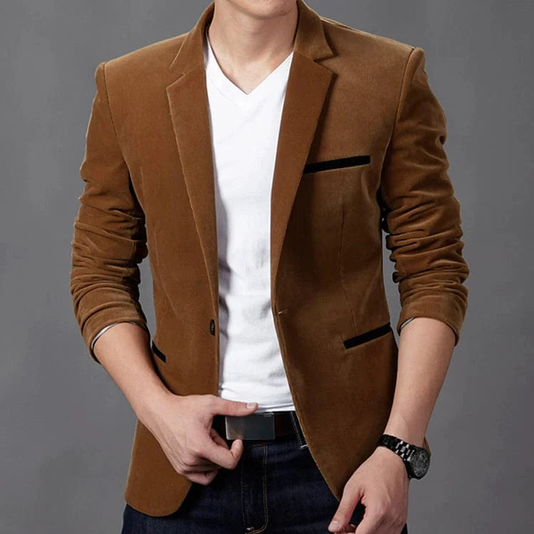 Slim-fit men's corduroy blazer from SHOWLU FASHION STORE, casual long sleeve suit in autumn colors, perfect for stylish comfort.