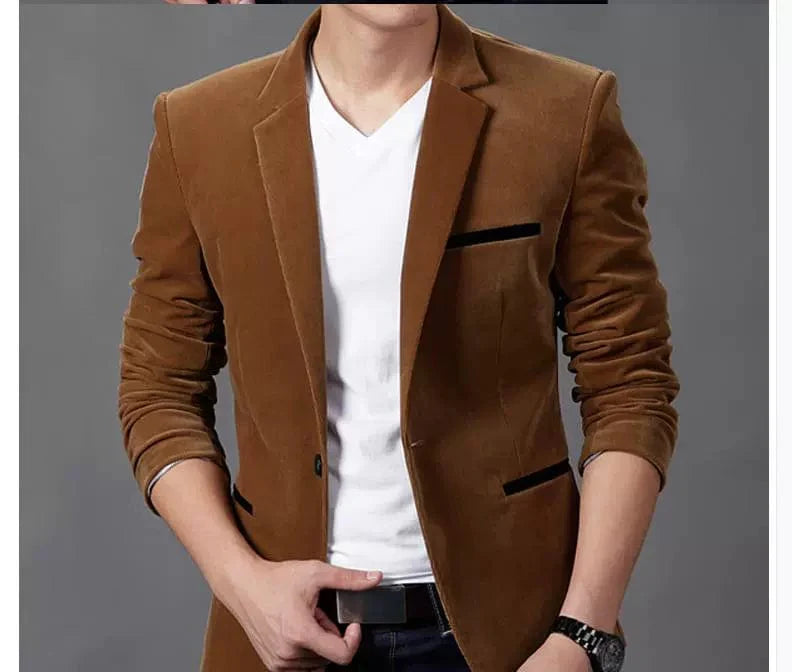 Men's slim-fit corduroy suit blazer by SHOWLU FASHION STORE, casual long sleeve blazer in autumn-inspired tones.