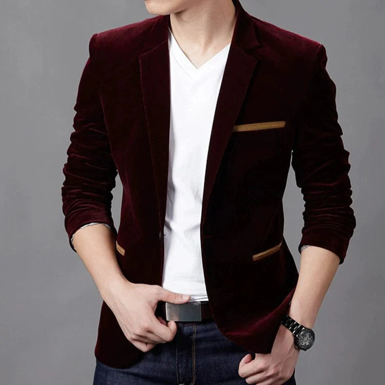 Men's slim-fit corduroy suit blazer in brown with long sleeves, casual style, from SHOWLU FASHION STORE for autumn wear.