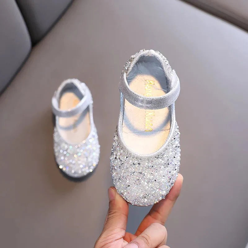 Girls rhinestone leather princess shoes by SHOWLU FASHION STORE featuring pearl bow flats for children and toddlers.