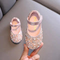 Girls rhinestone leather princess shoes with pearl bow, soft flat shoes for toddlers and children by SHOWLU FASHION STORE