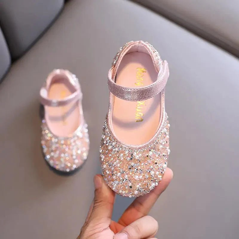 Girls rhinestone leather princess shoes with pearl bow, soft flat shoes for toddlers and children by SHOWLU FASHION STORE