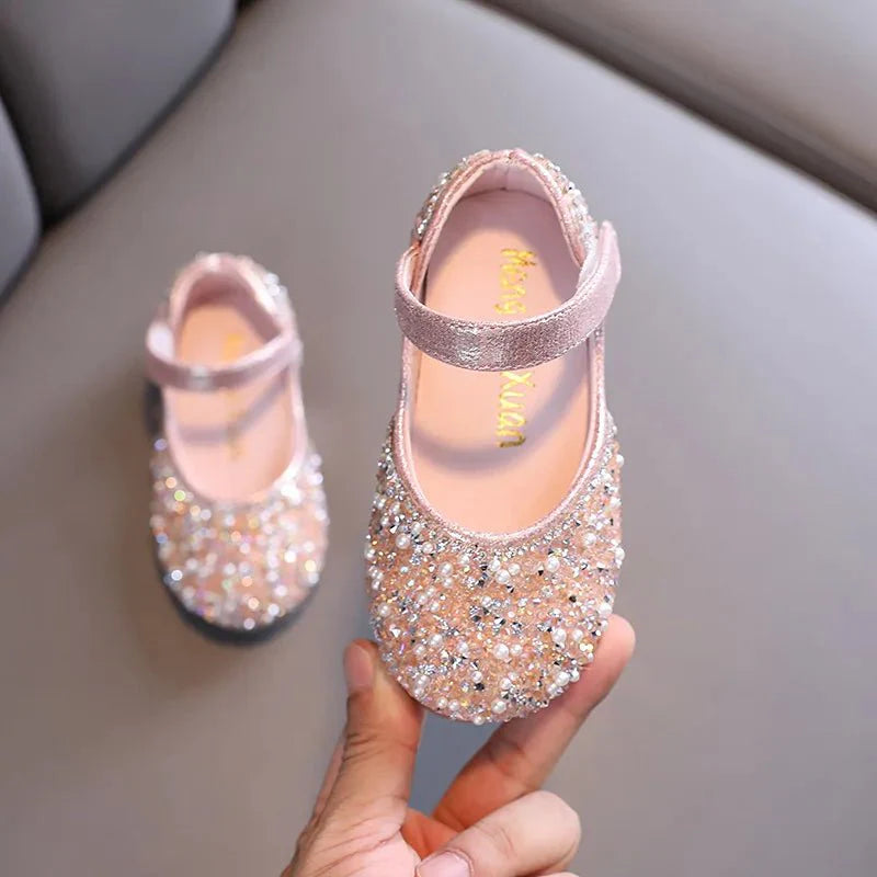 Girls rhinestone leather princess shoes with pearl bow, flat design, suitable for spring and autumn, by SHOWLU FASHION STORE.