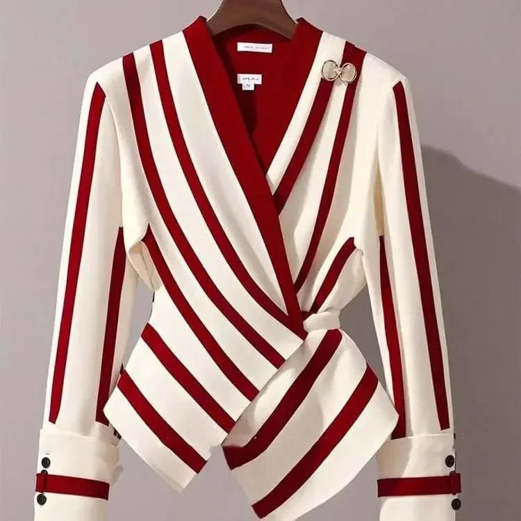 Women's V-neck striped blouse by SHOWLU FASHION STORE, slim fit autumn long sleeve shirt with chic Korean style details.