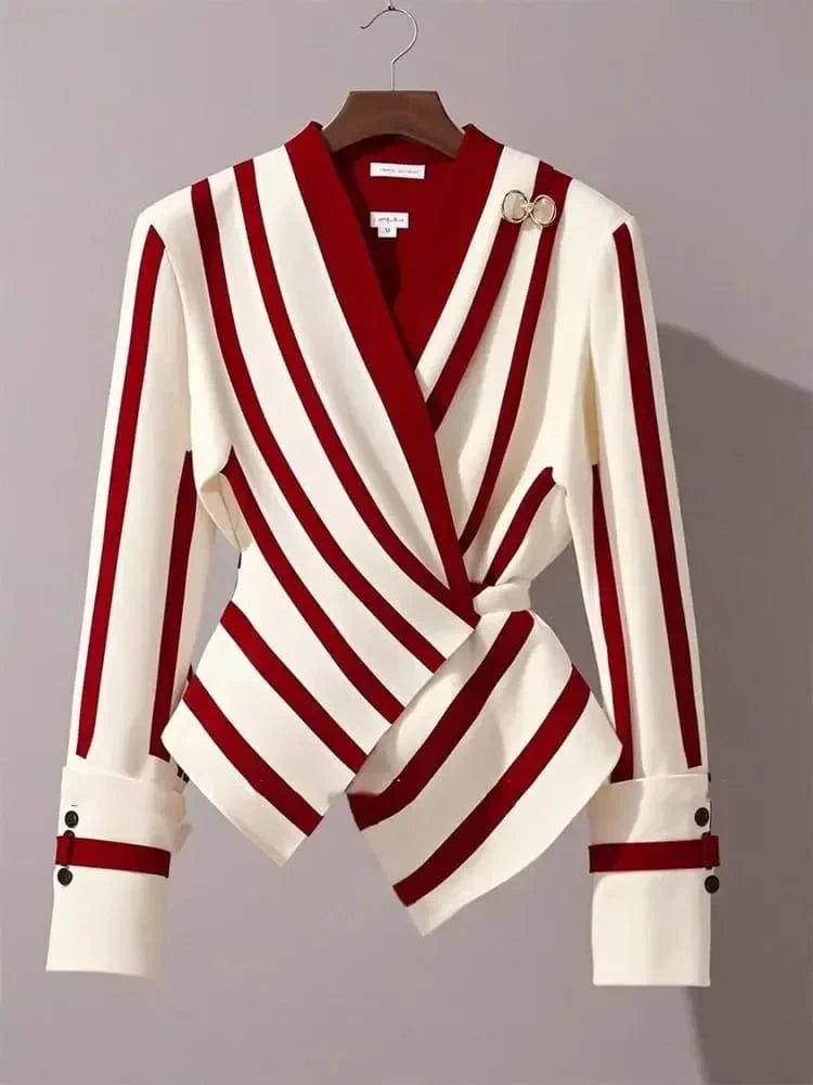 Women's V-neck striped blouse by SHOWLU FASHION STORE, slim fit autumn long sleeve shirt with chic Korean style design.