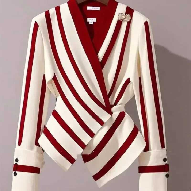 Women's V-neck striped blouse by SHOWLU FASHION STORE, slim fit autumn long sleeve shirt with chic Korean style design.