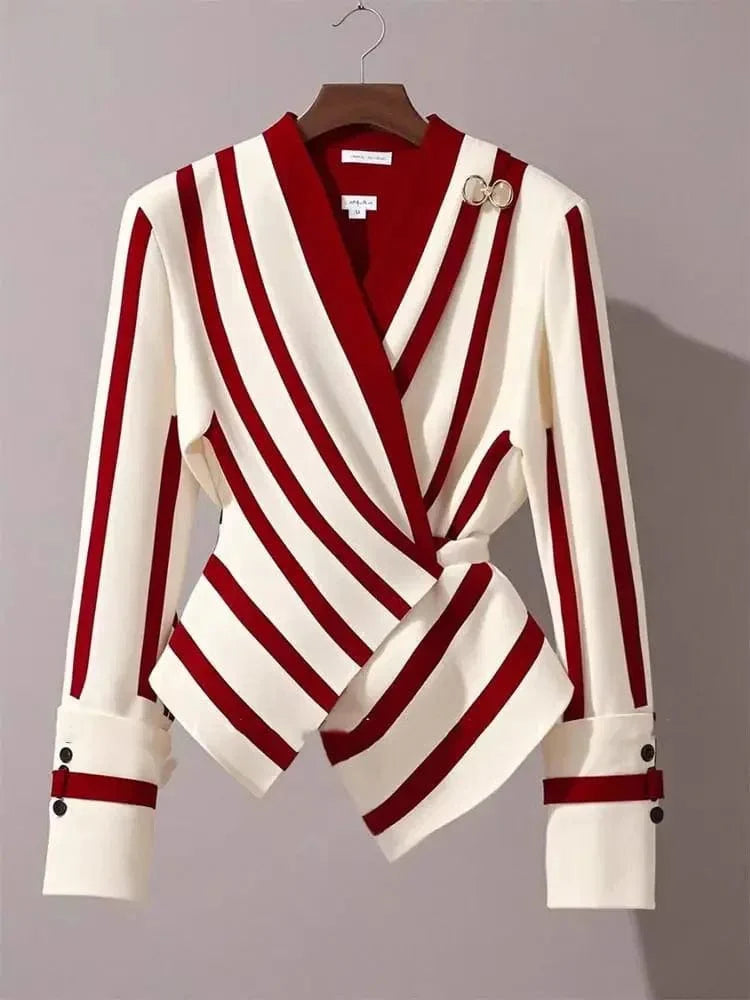 Women's V-neck striped blouse by SHOWLU FASHION STORE, slim fit autumn long sleeve shirt with chic Korean style design.