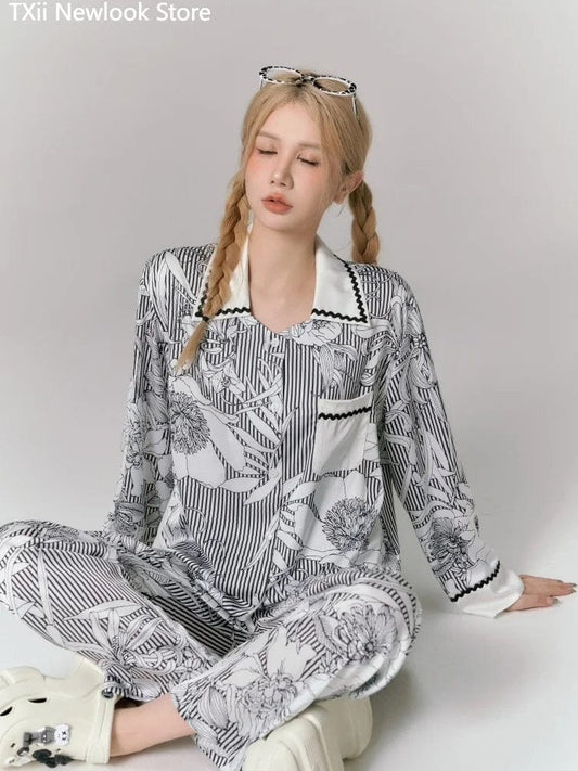 [Autumn Leaves] Pajamas Women's Autumn Ice Silk Long Sleeve 2023 New Women's Home Suit Spring and Autumn - SHOWLU FASHION STORE