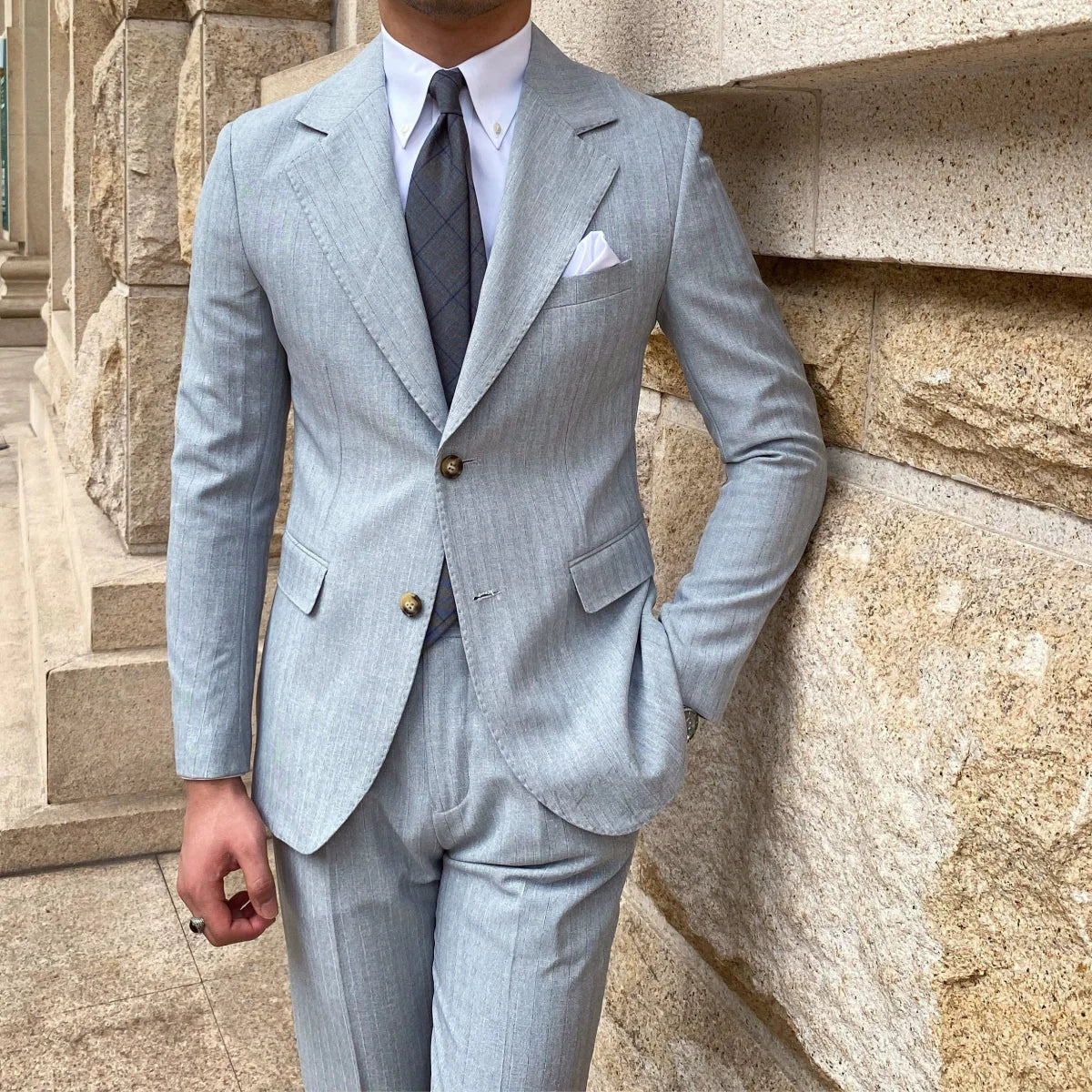 Men's autumn striped slim fit blazer, single-breasted small suit by Showlu Fashion, displayed on a hanger.