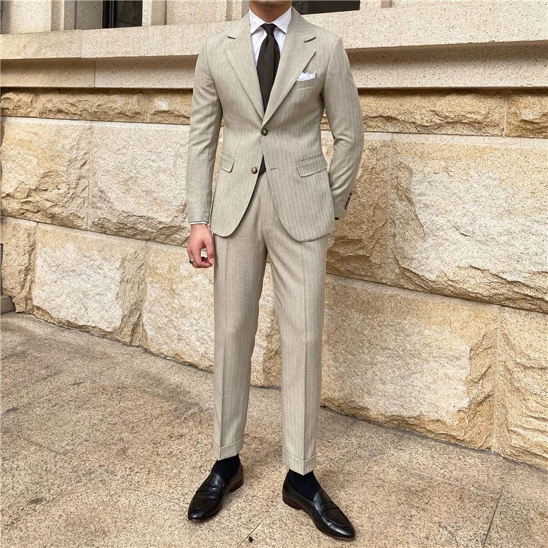 Showlu men's autumn striped slim fit single-breasted blazer, stylish small suit for casual or formal wear.