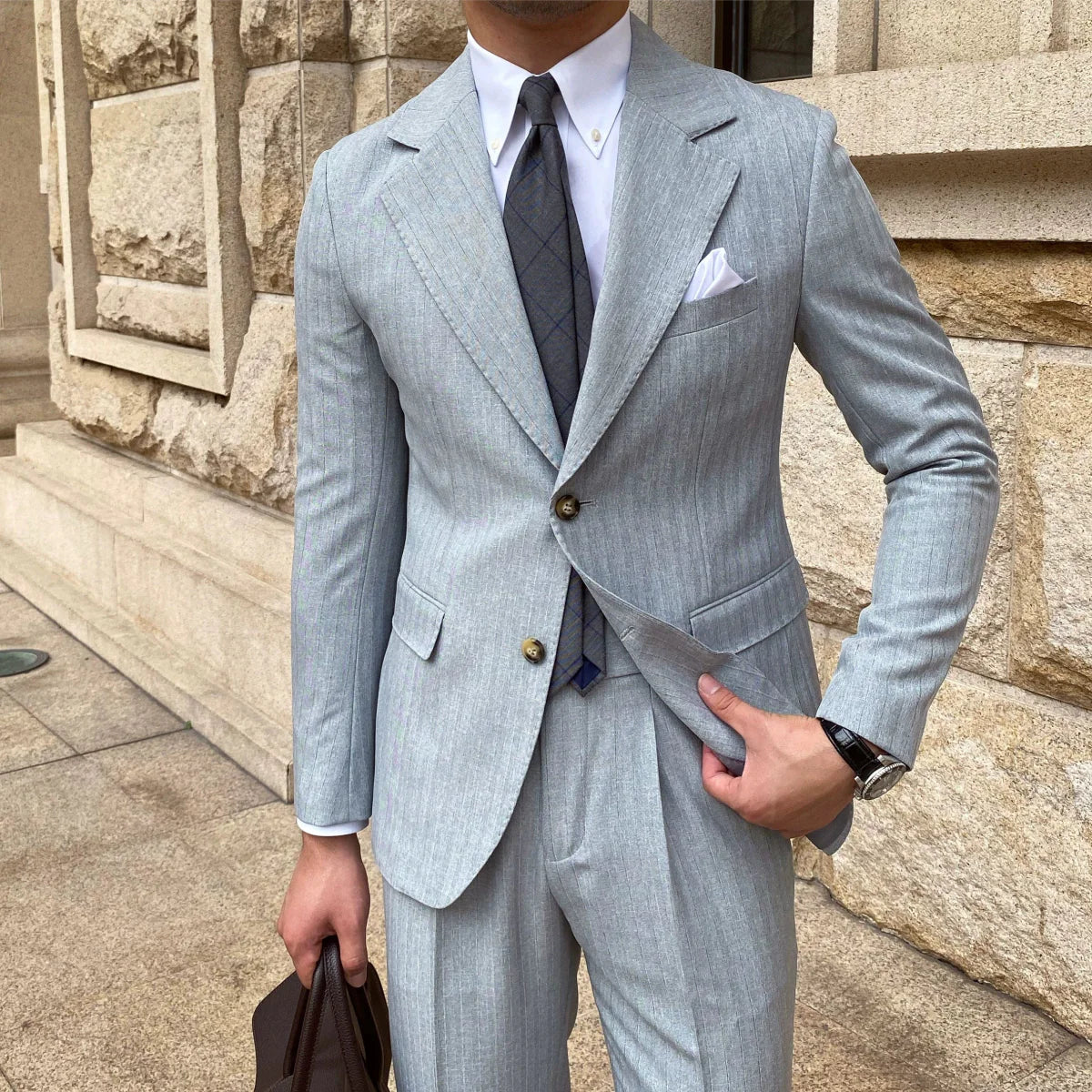 Showlu men's autumn striped slim fit single-breasted blazer, stylish leisure suit for youth, casual and fashionable.