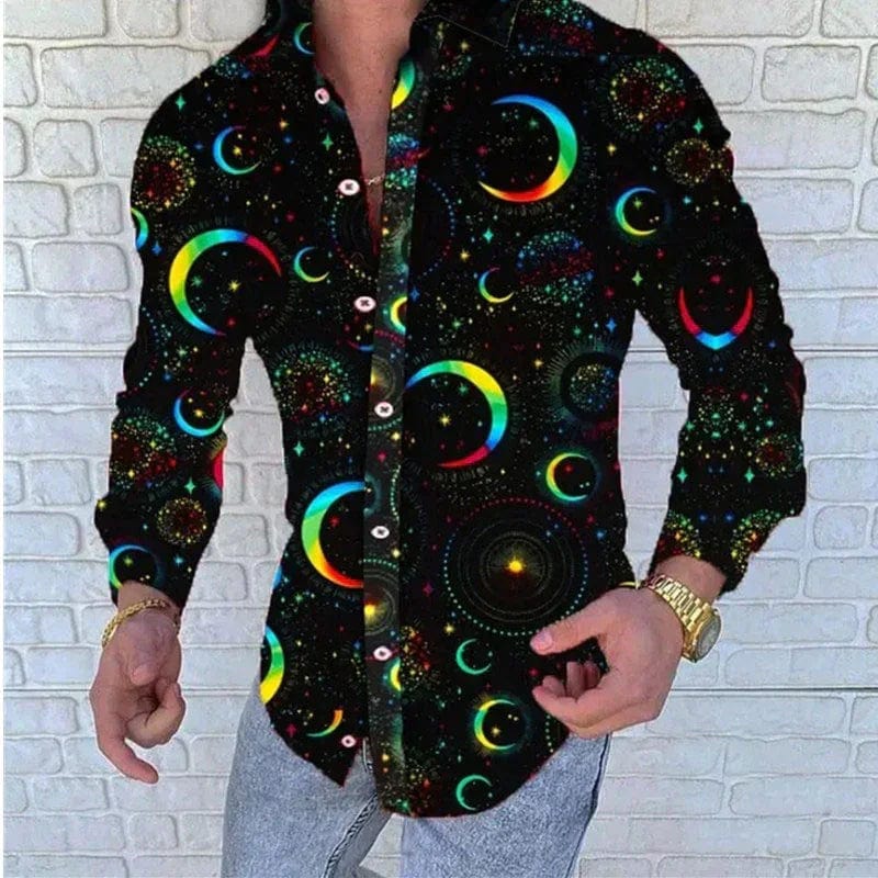 Men's SHOWLU casual long-sleeved shirt with irregular line lapel, stylish single-breasted design, perfect for autumn street fashion.