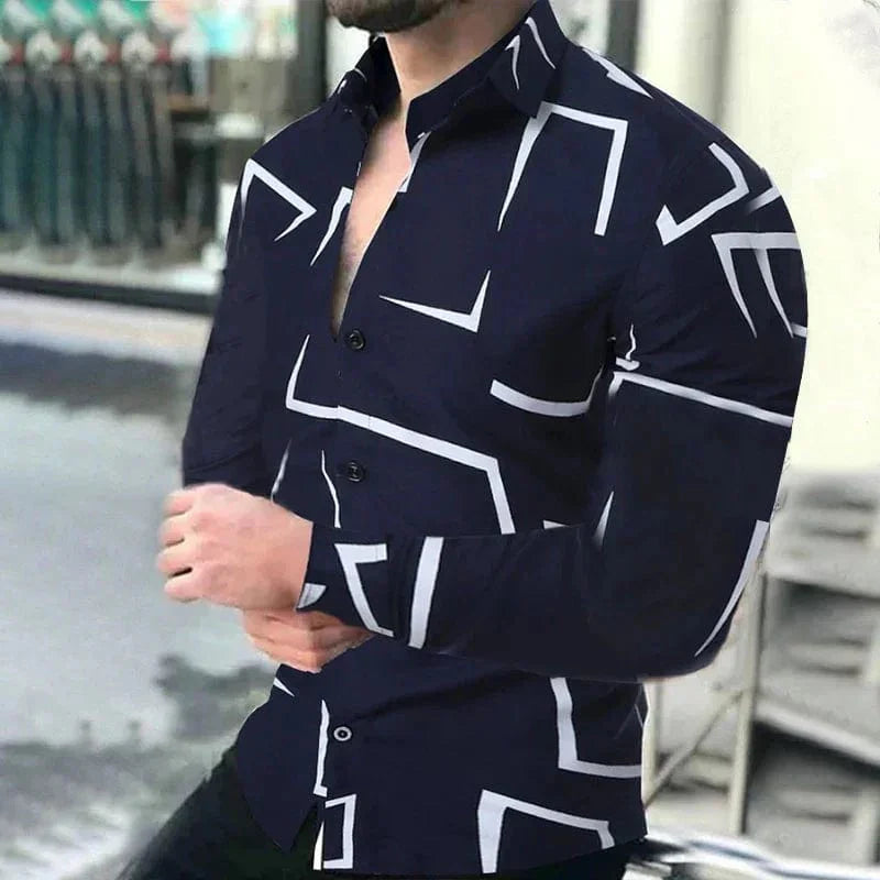 Men's casual long-sleeved shirt with irregular line pattern and lapel, stylish streetwear from SHOWLU FASHION STORE.