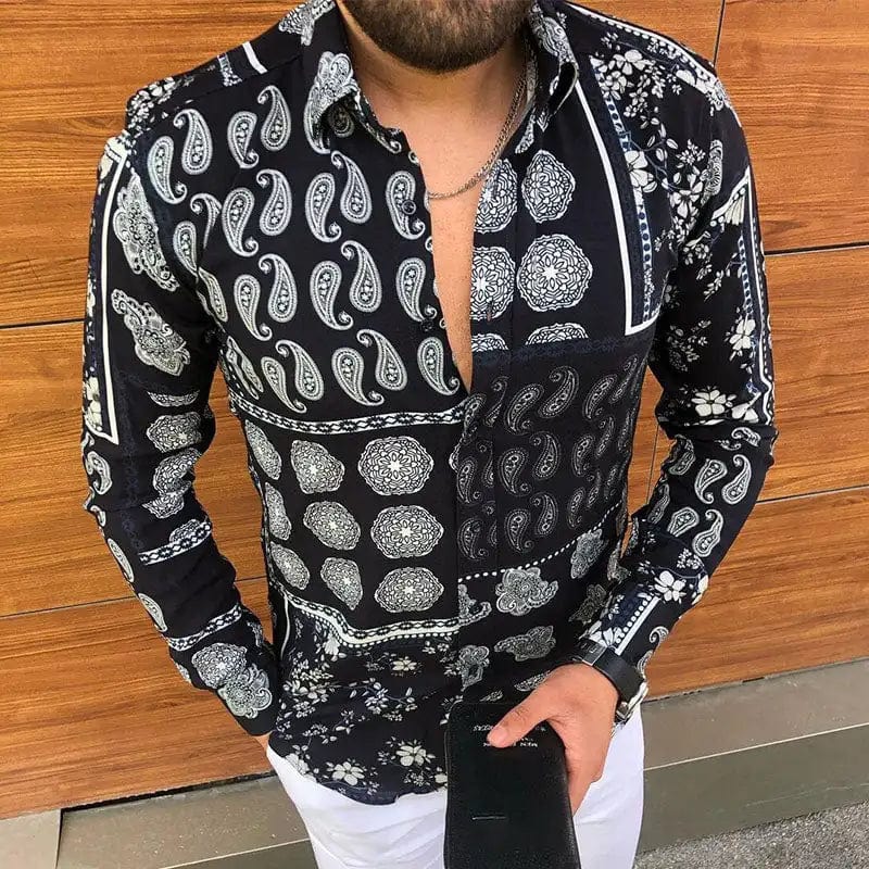 Men's casual long-sleeved shirt by SHOWLU FASHION STORE featuring an irregular line lapel and single-breasted design.