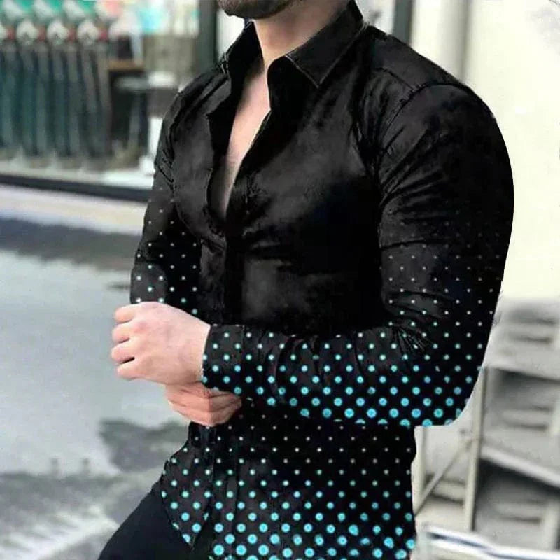 Men's casual long-sleeved shirt with irregular line pattern and lapel, stylish street fashion from SHOWLU FASHION STORE.