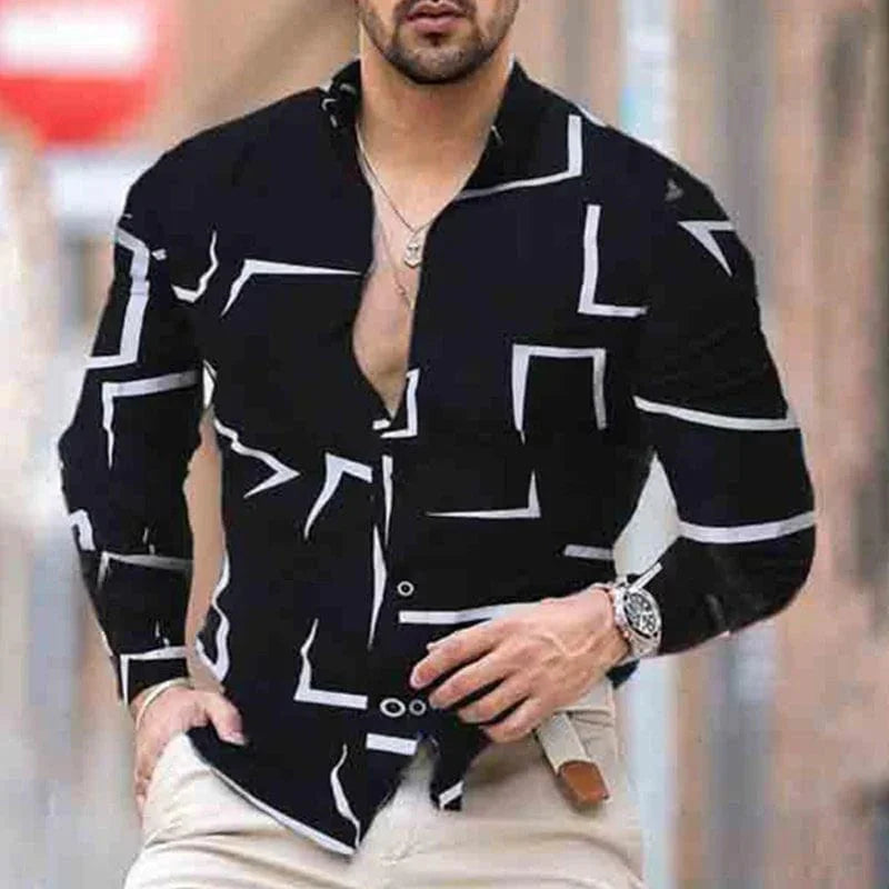 SHOWLU Men's casual long-sleeved shirt with irregular line lapel, single-breasted design, perfect for stylish autumn streetwear.