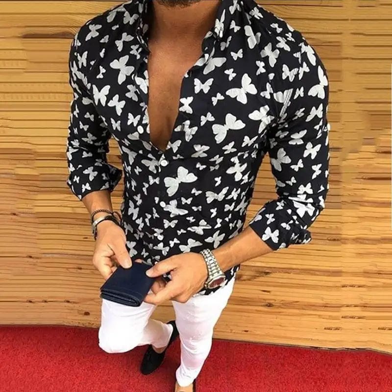 Men's casual long-sleeved shirt with irregular line pattern and lapel, stylish streetwear from SHOWLU FASHION STORE.