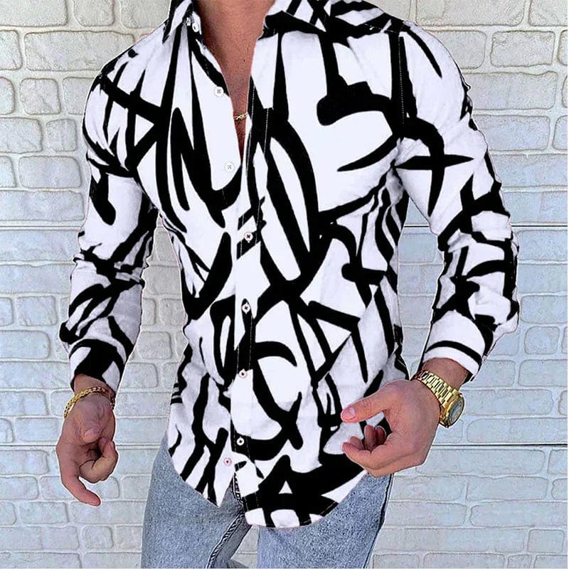 Men's casual long-sleeved shirt by SHOWLU FASHION STORE with irregular line pattern and lapel collar, suitable for autumn street style.