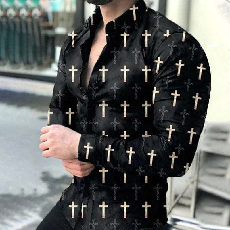 Men's casual long-sleeved shirt by SHOWLU with an irregular line lapel, featuring a single-breasted design and versatile autumn style.