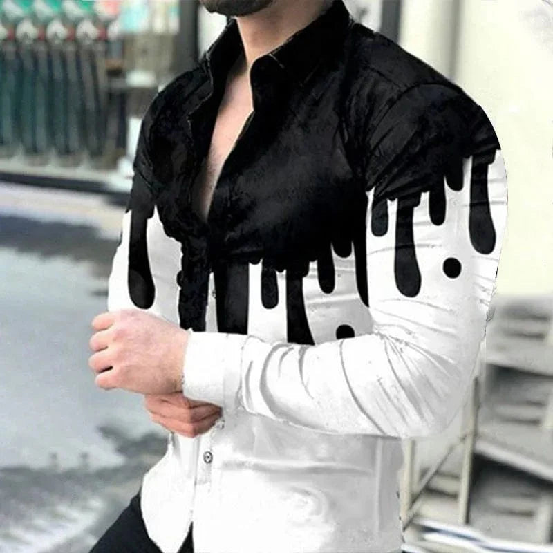 Men's casual long-sleeved shirt by SHOWLU FASHION STORE featuring an irregular line pattern and lapel collar, suitable for autumn wear.