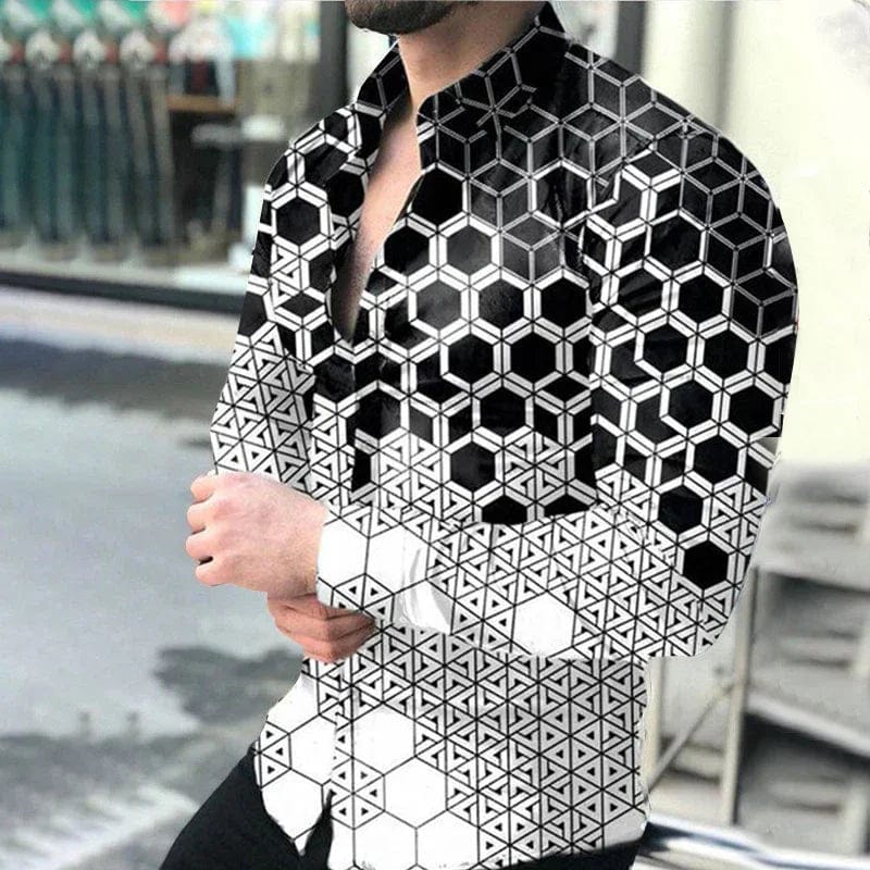 Men's casual long-sleeved shirt by SHOWLU FASHION STORE with irregular line design and lapel, suitable for autumn street style.