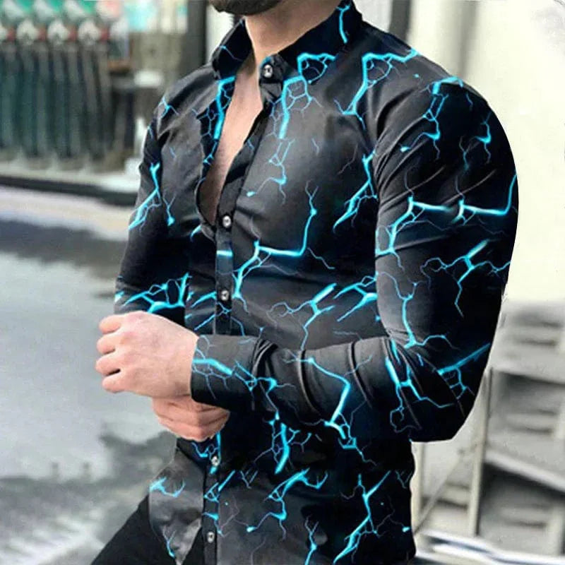 SHOWLU Men's casual long-sleeved shirt with irregular line lapel, versatile street fashion top in a stylish single-breasted design