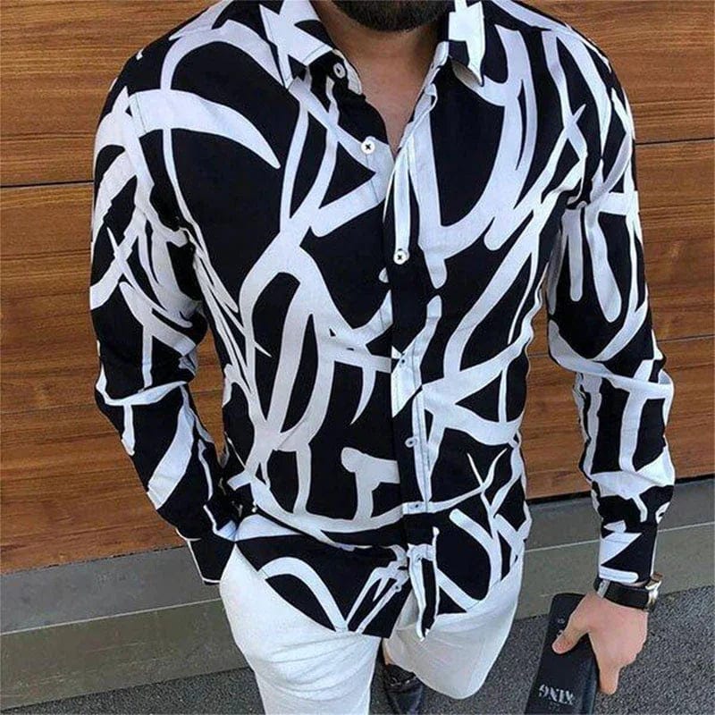 Men's casual long-sleeved shirt with irregular line pattern and lapel, stylish versatile design for autumn fashion.