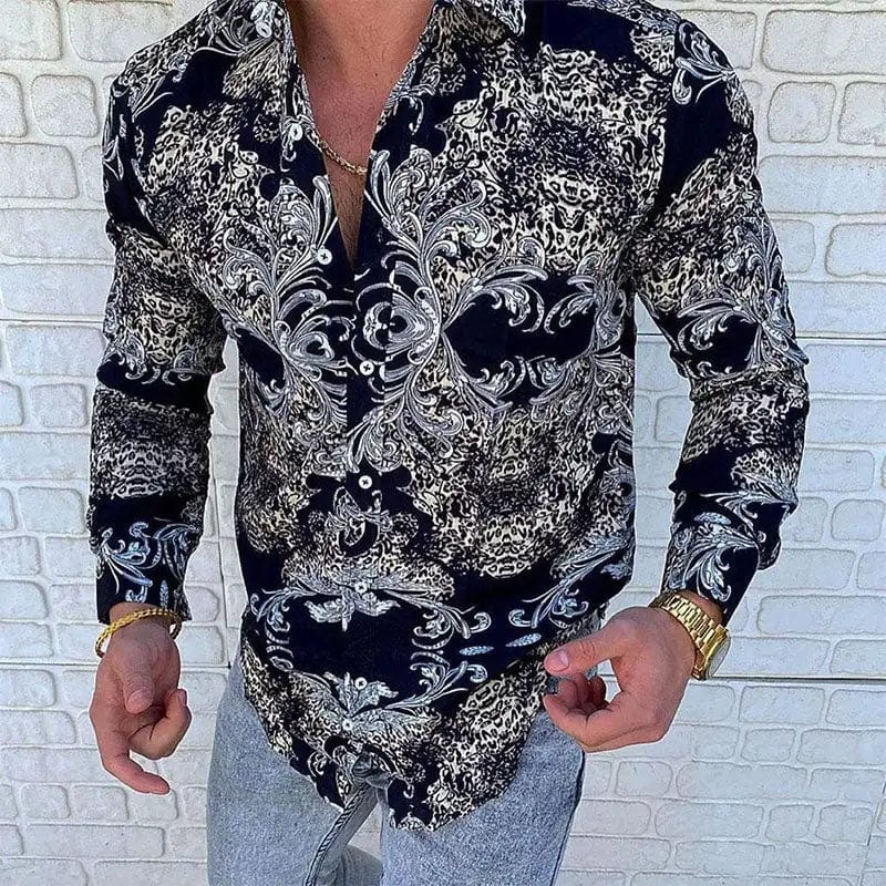Men's SHOWLU casual long-sleeved shirt with irregular line pattern and lapel collar, suitable for autumn street fashion.