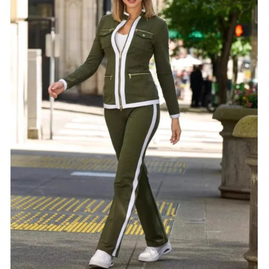 Autumn New Fashion Two Pice Set Color Blocking Zipper Elegant Office Pencil Suits Women Casual Bodycon Pants Set Vestido - SHOWLU FASHION STORE