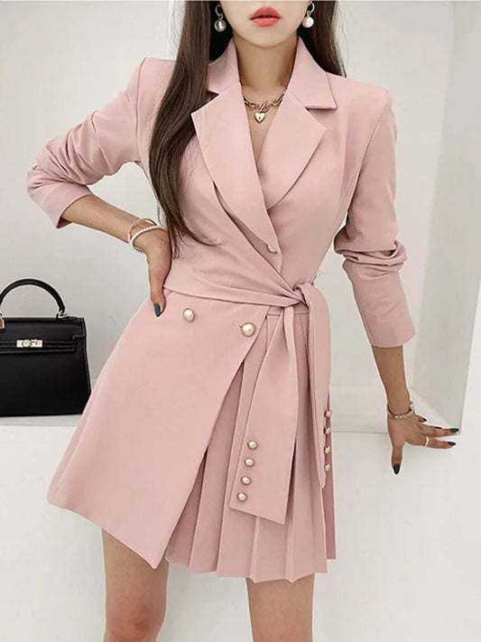 Autumn Short Blazer Dress For Women Double - breasted Lace - up Slim Mini Dress Vestidos Elegant OL Work Wear Woman Clothing - SHOWLU FASHION STORE