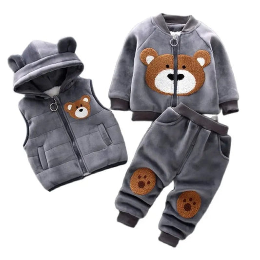 Autumn Winter Baby Boys Clothes Sets Thick Fleece Cartoon Bear Jacket Vest Pants 3Pcs Cotton Sport Suit For Girls Warm Outfits - SHOWLU FASHION STORE