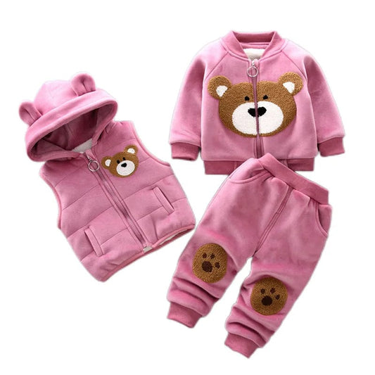 Autumn Winter Baby Boys Clothes Sets Thick Fleece Cartoon Bear Jacket Vest Pants 3Pcs Cotton Sport Suit For Girls Warm Outfits - SHOWLU FASHION STORE