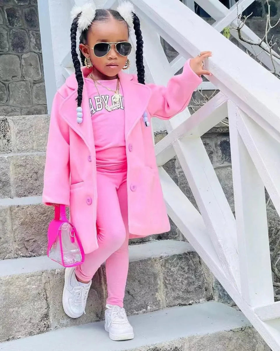 CoZOK girls' 3-piece autumn winter jacket, T-shirt, and pants set with warm long coat, casual kids clothing for ages 3-7.