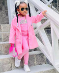 CoZOK girls' 3-piece autumn winter jacket, t-shirt, and pants set featuring a warm coat, casual t-shirt, and tight pants for kids.
