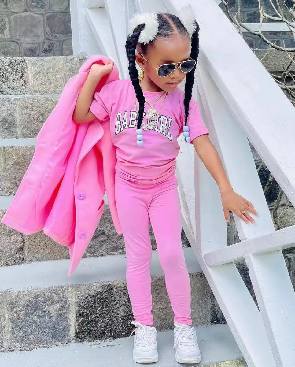 Girls' 3-piece autumn winter jacket, t-shirt, and pants set by SHOWLU FASHION STORE, featuring a warm long coat, casual pants, and t-shirt.