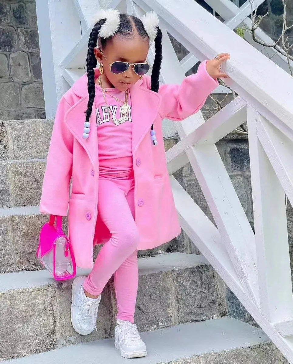 Girls' autumn winter 3-piece jacket, T-shirt, and pants set by SHOWLU FASHION featuring warm coat, casual style, and comfortable fit.